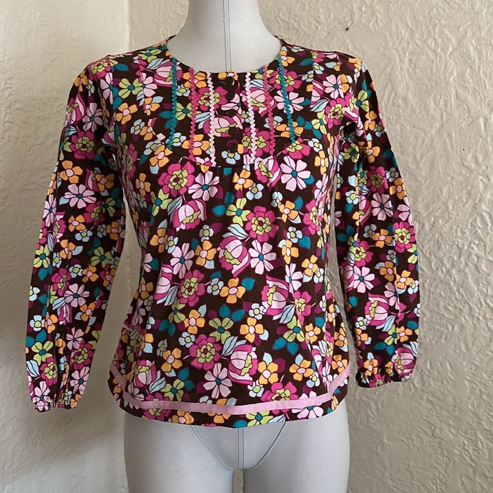 Hanna Andersson Floral Long Sleeve Trapeze Top Shirt Brown Pink Orange Blue 10